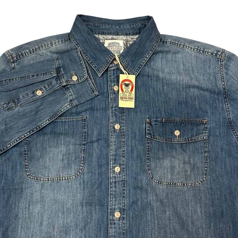 Devil-Dog‎ Dungarees Casual Shirt 2X Blue Denim Crowders Long Sleeve Mens New